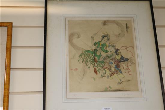 Elyse Ashe-Lord, three coloured drypoint etchings, Oriental figures, all signed in pencil and numbered, largest 37 x 30cm